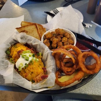 Almost Famous Smoke House and Grill - Crawfish stuffed baked potato,fried okra and onion rings - Cajun/Creole Near Me - Conway, Arkansas Almost Famous Smoke House and Grill - Crawfish stuffed baked potato,fried okra and onion rings - Cajun/Creole Near Me - Conway, Arkansas