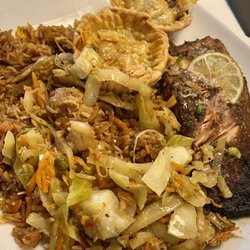 The Pepper Pott - Ground Beef Patty Jerk Salmon Plate Cabbage Rice and Peas