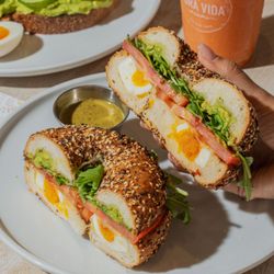 Pura Vida Miami - The Perfect Egg Sandwich with pasture-raised eggs, avocado, tomato, arugula and mozzarella - the ultimate healthy breakfast on-the-go