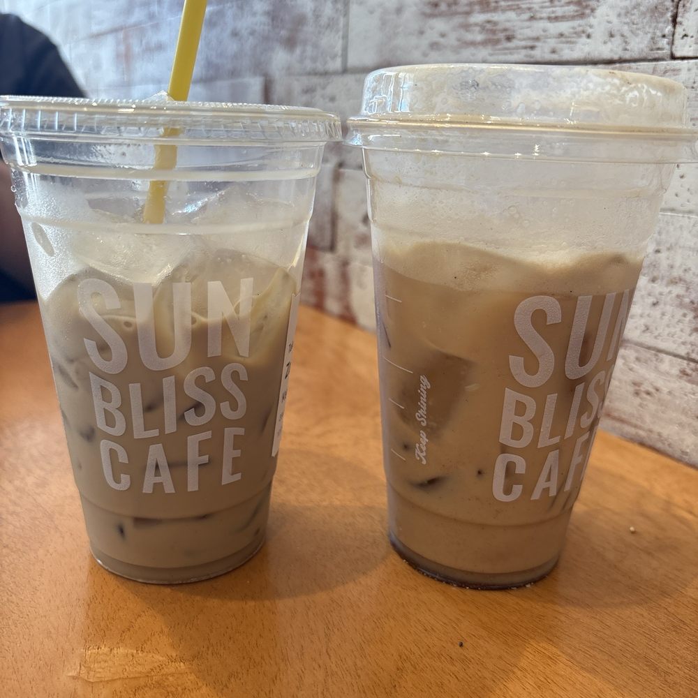 Sunbliss Cafe - Spanish latte left and banana bread cold brew right - Coffee & Tea Near Me - Anaheim, California