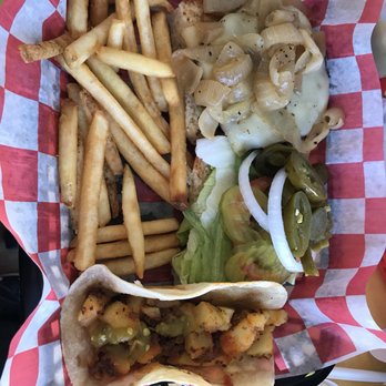 Tajin Mexican Cafe - Fuego burger and chorizo and potato taco - Mexican Near Me - Baytown, Texas