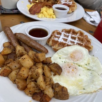 Foolish Craig's Cafe - Belgian Waffle, Two Eggs and Potatoes Added sausage - Creperies Near Me - Boulder, Colorado