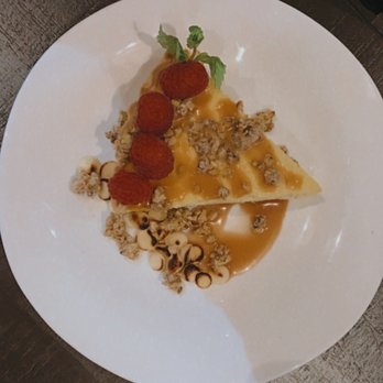 Pescado - Chef special dessert. Ricotta pie with caramel, candied pistachios, and raspberries - American Near Me - Rosemary Beach, Florida Pescado - Chef special dessert. Ricotta pie with caramel, candied pistachios, and raspberries - American Near Me - Rosemary Beach, Florida