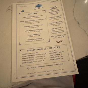 Atria - Dessert Menu - New American Near Me - Edgartown, Massachusetts Atria - Dessert Menu - New American Near Me - Edgartown, Massachusetts