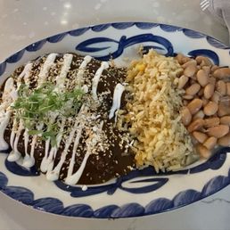 2 chicken enchiladas, rice & beans