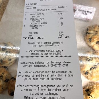 Leonard's Bakery - Receipt - Bakeries Near Me - Honolulu, Hawaii