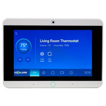 GeoArm Security - The GeoAlarm Touchscreen Controller showing the living room smart thermostat on screen. - Security Systems Near Me - West Palm Beach, Florida