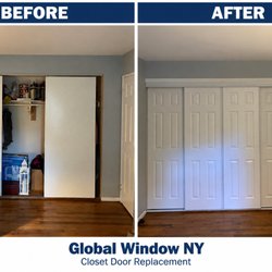 Global Window - Before and after: old closet doors replaced with new white paneled doors and matching trim.