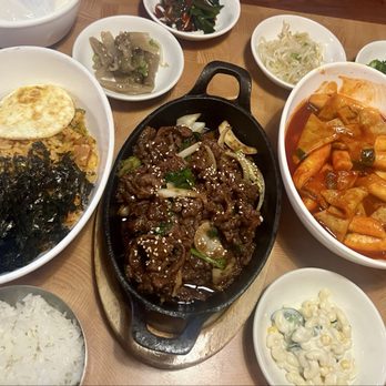 Pine Tree House - (left to right) Kimchi Fried Rice, Beef Bulgogi, & Spicy Rice Cake (Ddok poki) - Korean Near Me - Sacramento, California