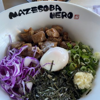 Mazesoba Hero - Saikoro Mazesoba (non-spicy) diced marinated pork belly/poached egg/shredded seaweed/red cabbage/green onion/garlic - Ramen Near Me - Walnut, California Mazesoba Hero - Saikoro Mazesoba (non-spicy) diced marinated pork belly/poached egg/shredded seaweed/red cabbage/green onion/garlic - Ramen Near Me - Walnut, California