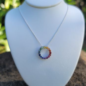 Goldsmiths Kauai - Rainbow sapphire round pendant necklace to represent the Rainbow State -SOLD - Jewelry Near Me - Kapaa, Hawaii Goldsmiths Kauai - Rainbow sapphire round pendant necklace to represent the Rainbow State -SOLD - Jewelry Near Me - Kapaa, Hawaii