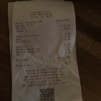 Eureka! - Charged us 16% service with 0% service. Wouldn't come back. - American Near Me - Irvine, California Eureka! - Charged us 16% service with 0% service. Wouldn't come back. - American Near Me - Irvine, California