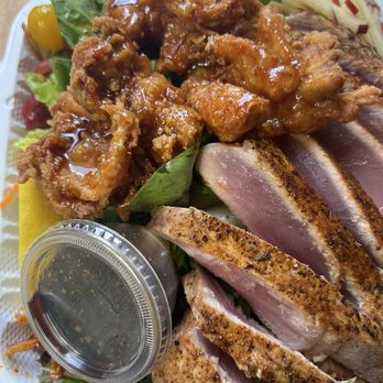 Flyin Ahi - Blackened ahi salad with Korean chicken side order....I can eat this salad every day! Generous portion, great taste and just soooo fresh!! - Seafood Near Me - Kaneohe, Hawaii Flyin Ahi - Blackened ahi salad with Korean chicken side order....I can eat this salad every day! Generous portion, great taste and just soooo fresh!! - Seafood Near Me - Kaneohe, Hawaii