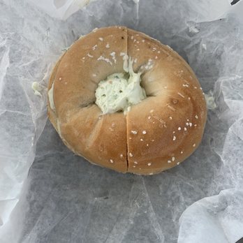 Bagel Station - Sea Salt bagel with with Chive cream cheese - Bagels Near Me - Winston Salem, North Carolina Bagel Station - Sea Salt bagel with with Chive cream cheese - Bagels Near Me - Winston Salem, North Carolina