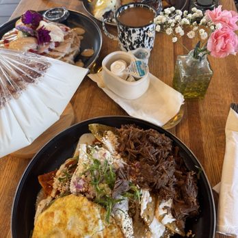 Pradera Brunch - Half green half red chilaquiles with SIDE Birria, platano liquado, cafe de olla, fresas con crema pancakes - Breakfast & Brunch Near Me - Baldwin Park, California Pradera Brunch - Half green half red chilaquiles with SIDE Birria, platano liquado, cafe de olla, fresas con crema pancakes - Breakfast & Brunch Near Me - Baldwin Park, California