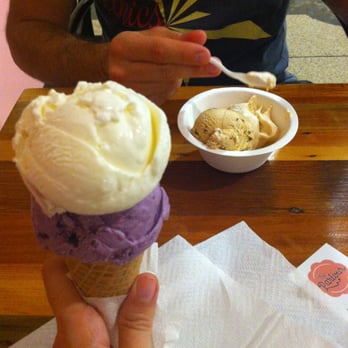 The Parlour - The cone is Honey Lavender and Blueberry, the cup has Salted Butter Caramel and Stracciatella. Super generous Beginner size! - Ice Cream & Frozen Yogurt Near Me - Durham, North Carolina