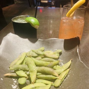 Makoto - Edamame, Makoto Mule and Strawberry Collins- both drinks were delicious and not overly sweet - Japanese Near Me - Miami Beach, Florida