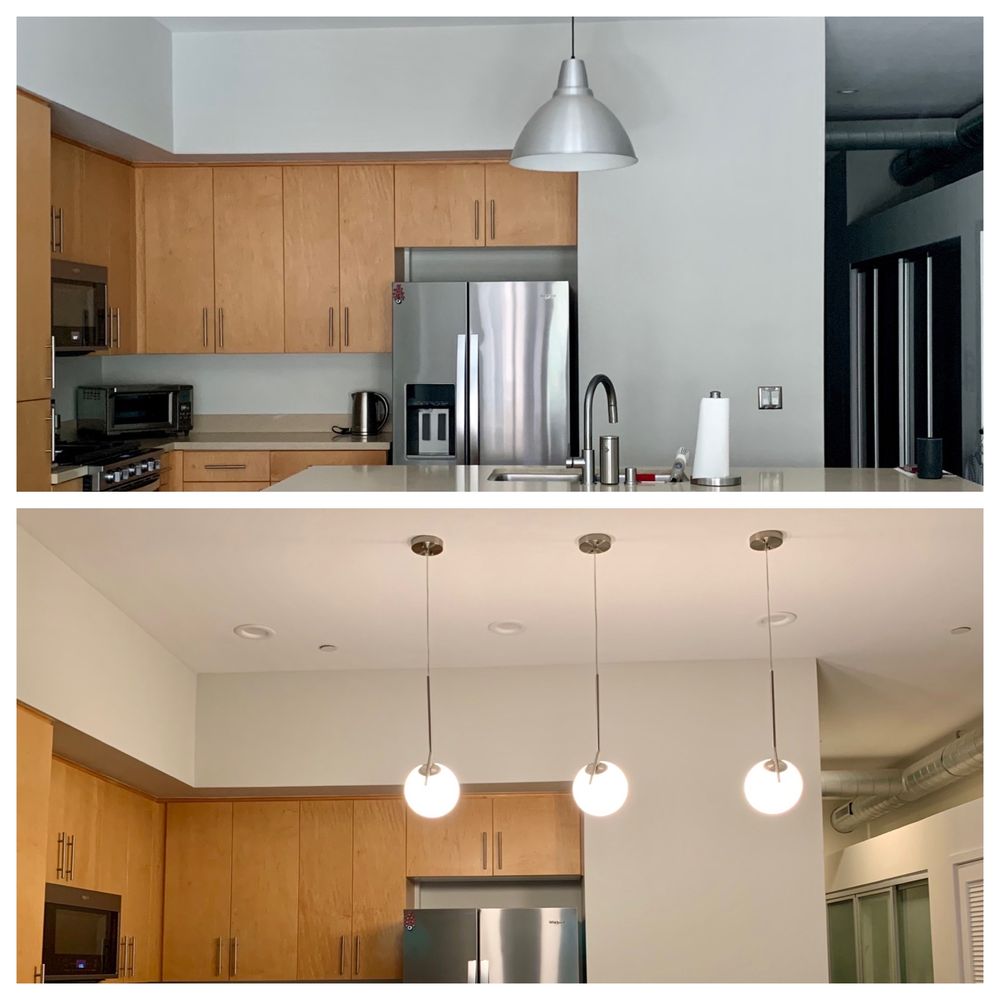 Before & After -- installation of two junction boxes and three pendant lights Before & After -- installation of two junction boxes and three pendant lights