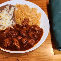 La Morenita - Chile Colorado with rice and beans.