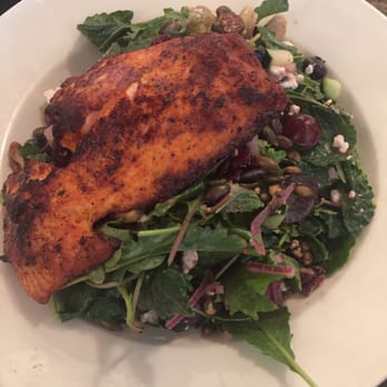 BJ's Restaurant & Brewhouse - Kale brussel sprout salad with blackened salmon - New American Near Me - Downey, California
