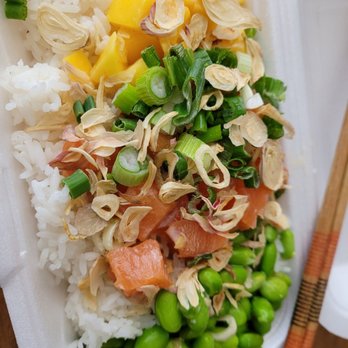 Ono Poke - rice, peas, and salmon in a styrofoam container with chopsticks - Hawaiian Near Me - Memphis, Tennessee