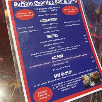 Buffalo Charlie's Bar & Grill - Just a sample of the menu. Notice the zBuffalo zBills colors. - Bars Near Me - Dunedin, Florida Buffalo Charlie's Bar & Grill - Just a sample of the menu. Notice the zBuffalo zBills colors. - Bars Near Me - Dunedin, Florida