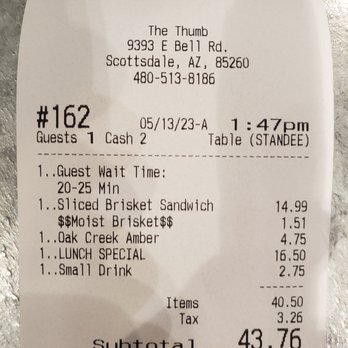 The Thumb - bill for two - Barbeque Near Me - Scottsdale, Arizona The Thumb - bill for two - Barbeque Near Me - Scottsdale, Arizona