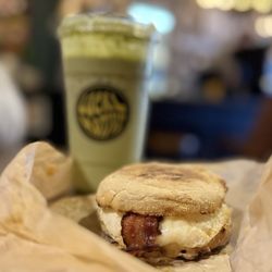 The Local Motive Coffee Bar - Tiger belly breakfast sandwich with Matcha green tea latte
