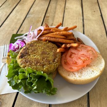 Barefoot Beach Cafe - Vegan burger-very tasty and flavorful, and came with sweet potato fries! - Breakfast & Brunch Near Me - Honolulu, Hawaii