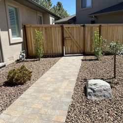 Battle Born Landscaping - New walkway to back yard with lilac tree and Rose of Sharon bushes