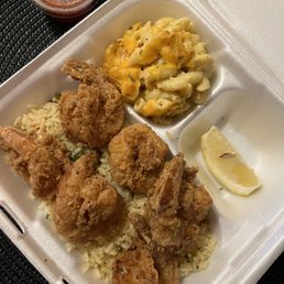 Fried Shrimp Dinner with Veggie Rice and Mac & Cheese Fried Shrimp Dinner with Veggie Rice and Mac & Cheese