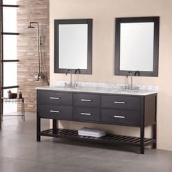 Design Element - 72" Double Sink Bathroom Vanity Shown In Espresso Finish, White Carrara Marble and Dual Match Mirrors.  London Cambridge Collection.