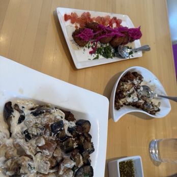 Zyara - Clockwise L to R: Fatteh Aubergine, Falafel, Fried cauliflower - Lebanese Near Me - Montreal, Quebec
