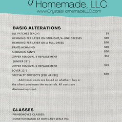 Crystal's Homemade - Basic Pricing