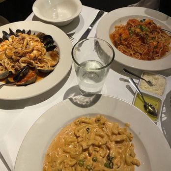 Casarecce - Spaghetti Fruitti de Mare (left), Shrimp Diavolo Spaghetti (upper right), Casarecce Vodka (middle) - Italian Near Me - Boston, Massachusetts Casarecce - Spaghetti Fruitti de Mare (left), Shrimp Diavolo Spaghetti (upper right), Casarecce Vodka (middle) - Italian Near Me - Boston, Massachusetts