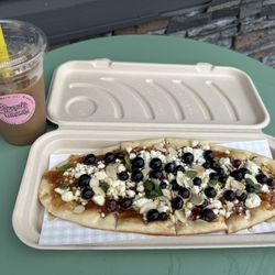 Blue goat flat bread and toasted coconut Carmel iced coffee 10/10!