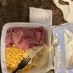 Moon's Sandwich Shop - Moon's Cornbeef Plate with 2 Slices of Wheat Bread, Salad w/Italian Dressing, Corn and Mashed Potatoes (w/gravy on the side).