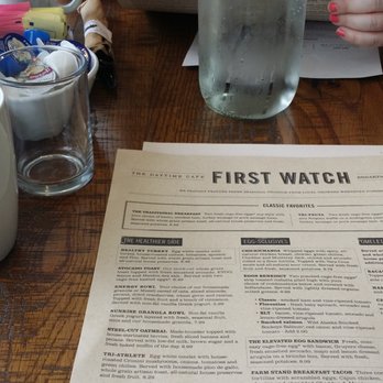 First Watch - Carafe of water when you are seated. Coffee cup ready to go. Menu in foreground. - Breakfast & Brunch Near Me - North Miami Beach, Florida First Watch - Carafe of water when you are seated. Coffee cup ready to go. Menu in foreground. - Breakfast & Brunch Near Me - North Miami Beach, Florida