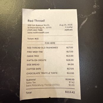 Red Thread - Bill - Cocktail Bars Near Me - St. Petersburg, Florida