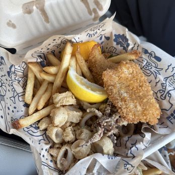Fishetarian Fish Market - fried combo with calamari and fish (ordered prawns and got fish) - Seafood Near Me - Bodega Bay, California