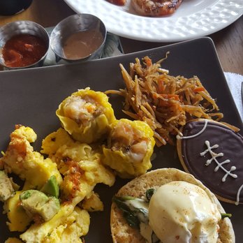 La Hiki - Round 3. Eggs, pork hash, gobo, superbowl football cookie, and florentine benedict again lol. and grilled shrimp. - Breakfast & Brunch Near Me - Kapolei, Hawaii
