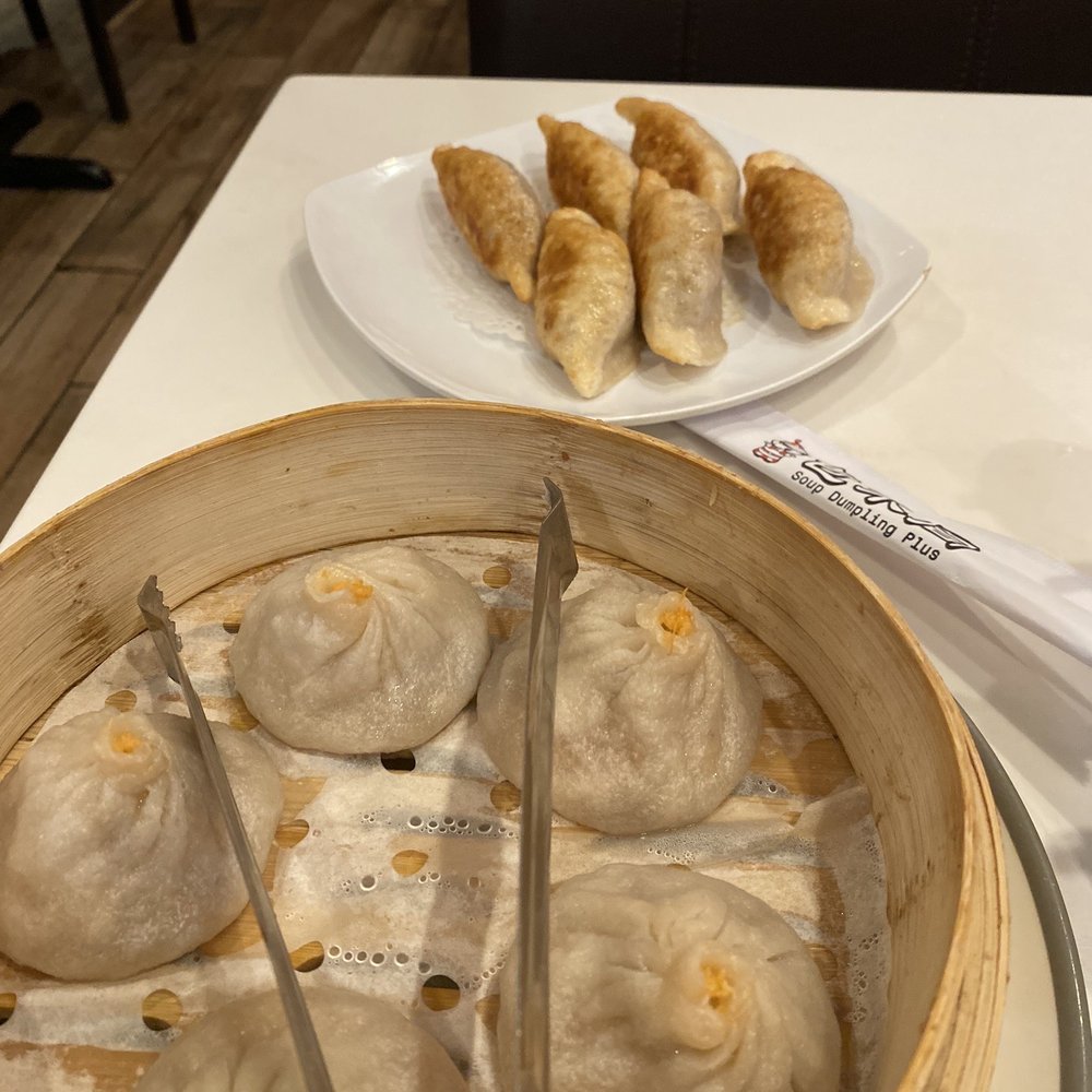 Soup Dumpling Plus - #11. Crab Meat and Pork Soup Dumpling (front) & #06. Pan Fried Vegetable and Pork Dumpling. - Shanghainese Near Me - Fort Lee, New Jersey Soup Dumpling Plus - #11. Crab Meat and Pork Soup Dumpling (front) & #06. Pan Fried Vegetable and Pork Dumpling. - Shanghainese Near Me - Fort Lee, New Jersey