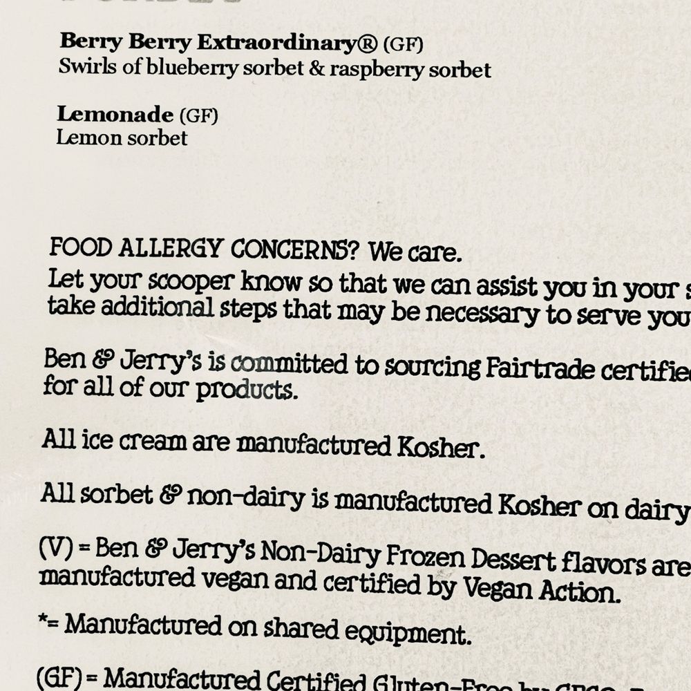 Ben & Jerry’s - Sorbet flavors Food Allergy Concerns - Ice Cream & Frozen Yogurt Near Me - Williamsburg, Virginia