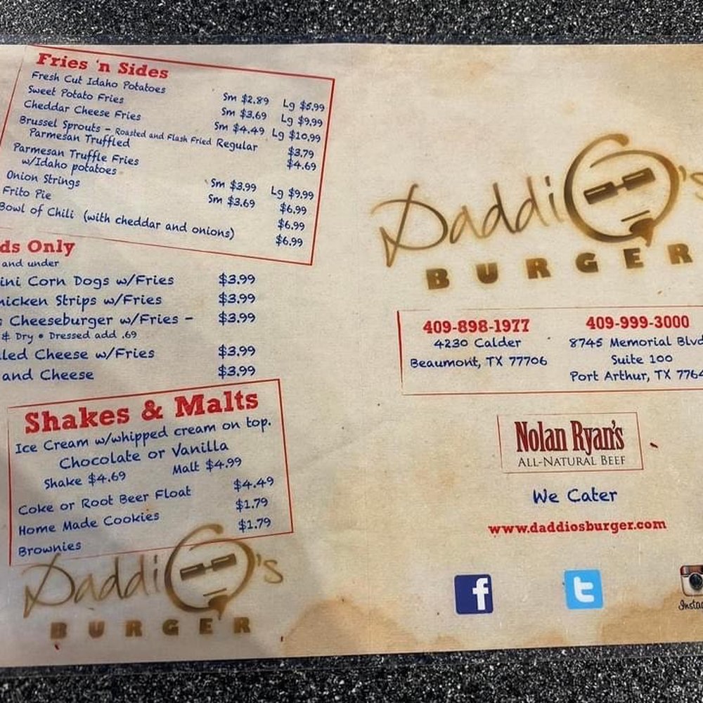 Daddio's Burger - Menu front - Burgers Near Me - Beaumont, Texas