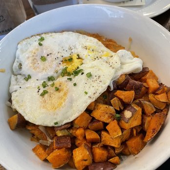 Gracious Plenty Bakery & Breakfast - BYOB - hashbrowns, over medium eggs, pimento cheese, sweet potatoes - Bakeries Near Me - Roswell, Georgia