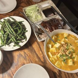 String beans, salted egg carb tofu, beijing duck