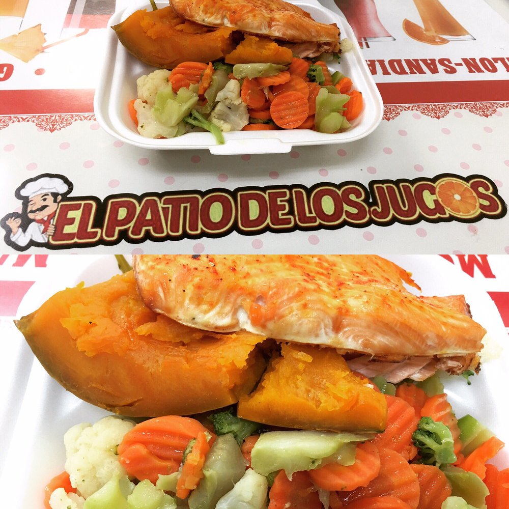 El Patio De Los Jugos - Baked Salmon, vegetables, and boiled pumpkin. Lots of healthy options! - Cuban Near Me - Hialeah, Florida El Patio De Los Jugos - Baked Salmon, vegetables, and boiled pumpkin. Lots of healthy options! - Cuban Near Me - Hialeah, Florida