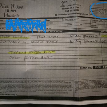 Peter Mikov is my Plumber - Date of the invoice is 4 days later from the visit. and its taken with a phone camera. - Plumbing Near Me Peter Mikov is my Plumber - Date of the invoice is 4 days later from the visit. and its taken with a phone camera. - Plumbing Near Me