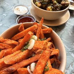 Brussel Sprouts and Sweet Potato Fries