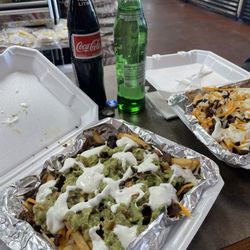 Robles Meat Shop - Carniceria - One plain carne asada fries plate & a loaded carne asada fries plate with guacamole, real Mexican crema. Bomb!!!!!